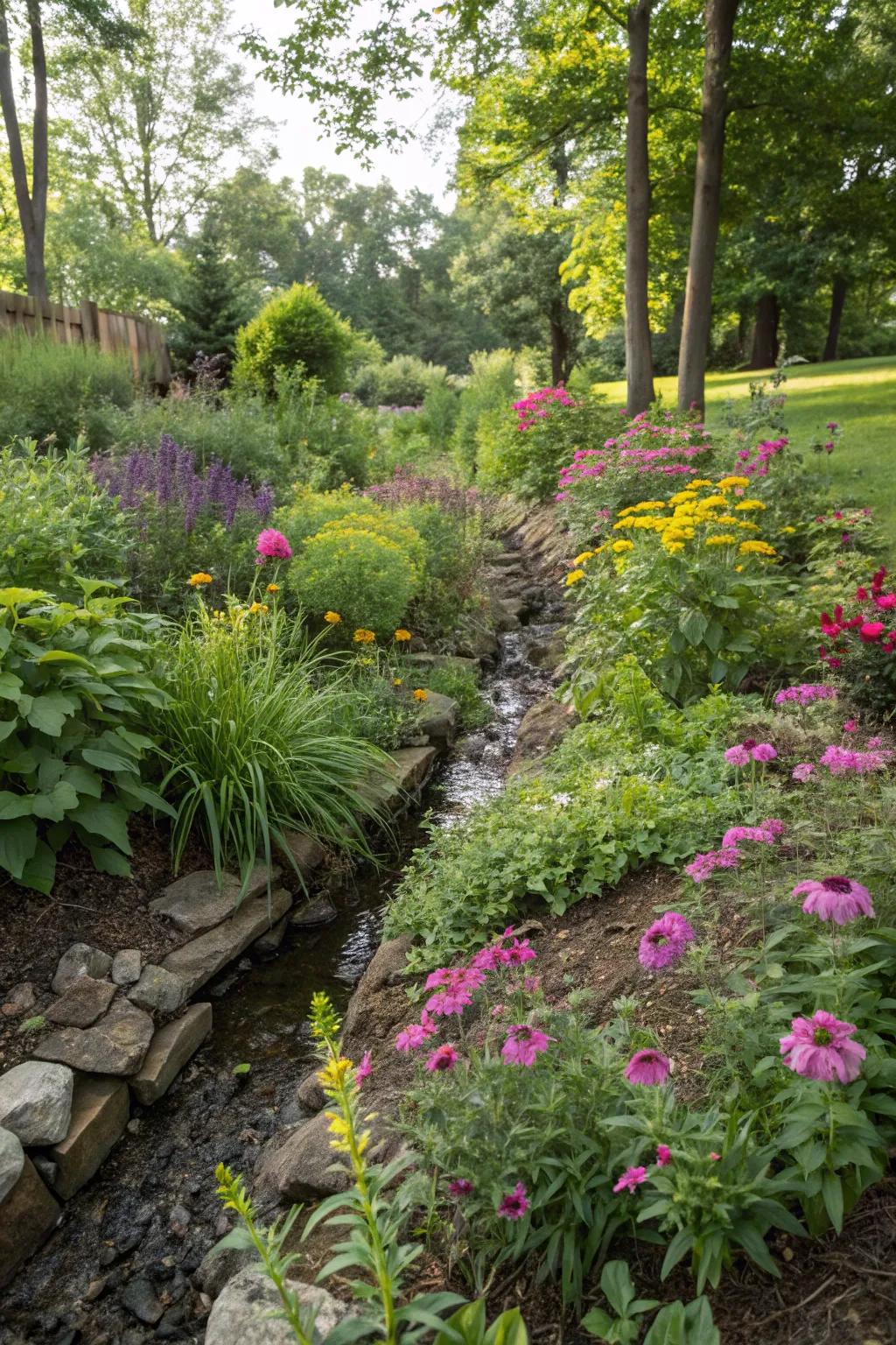A vibrant soak garden with a hidden drainage system, promoting biodiversity.