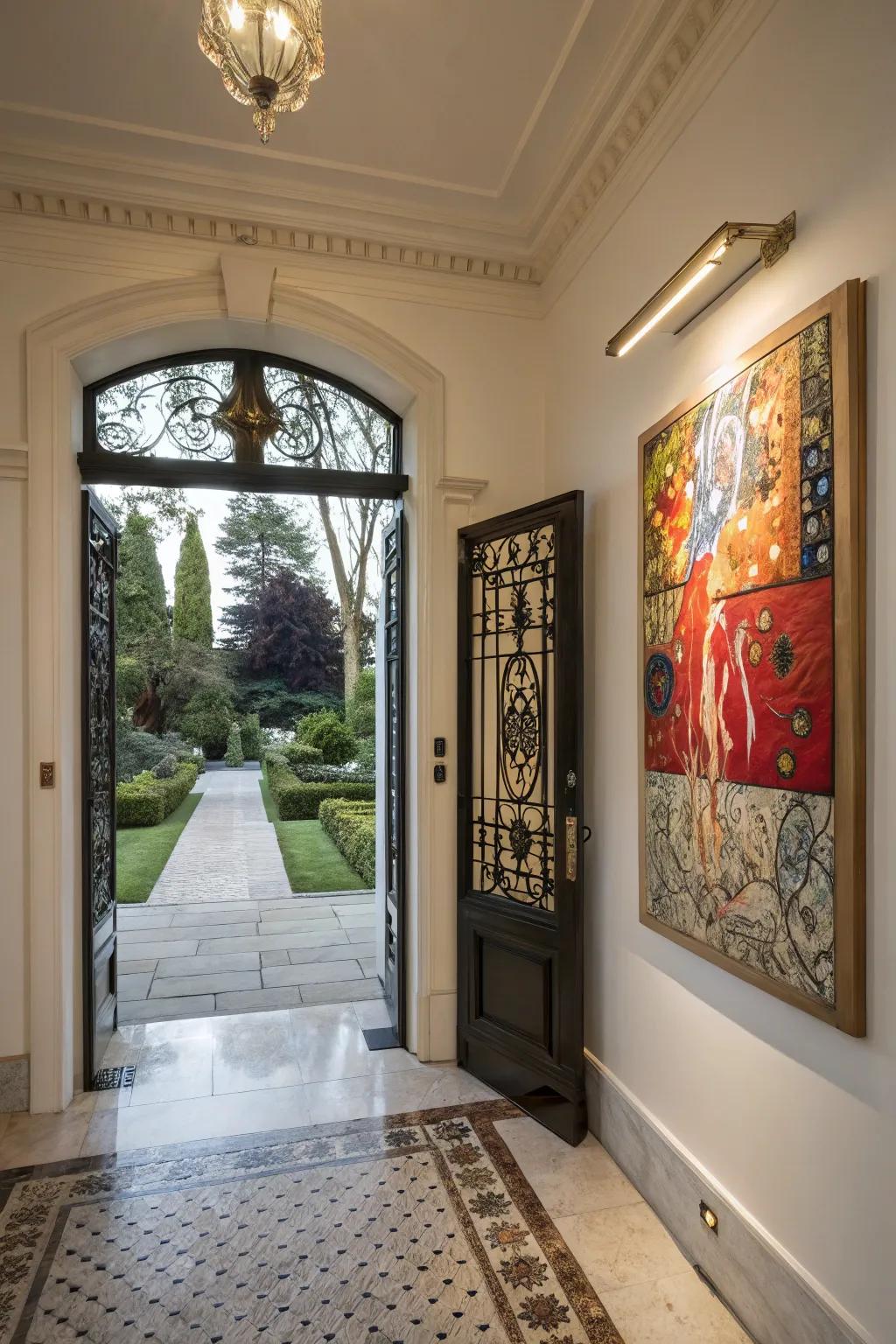 A striking art piece incorporating personality and interest to the entrance.