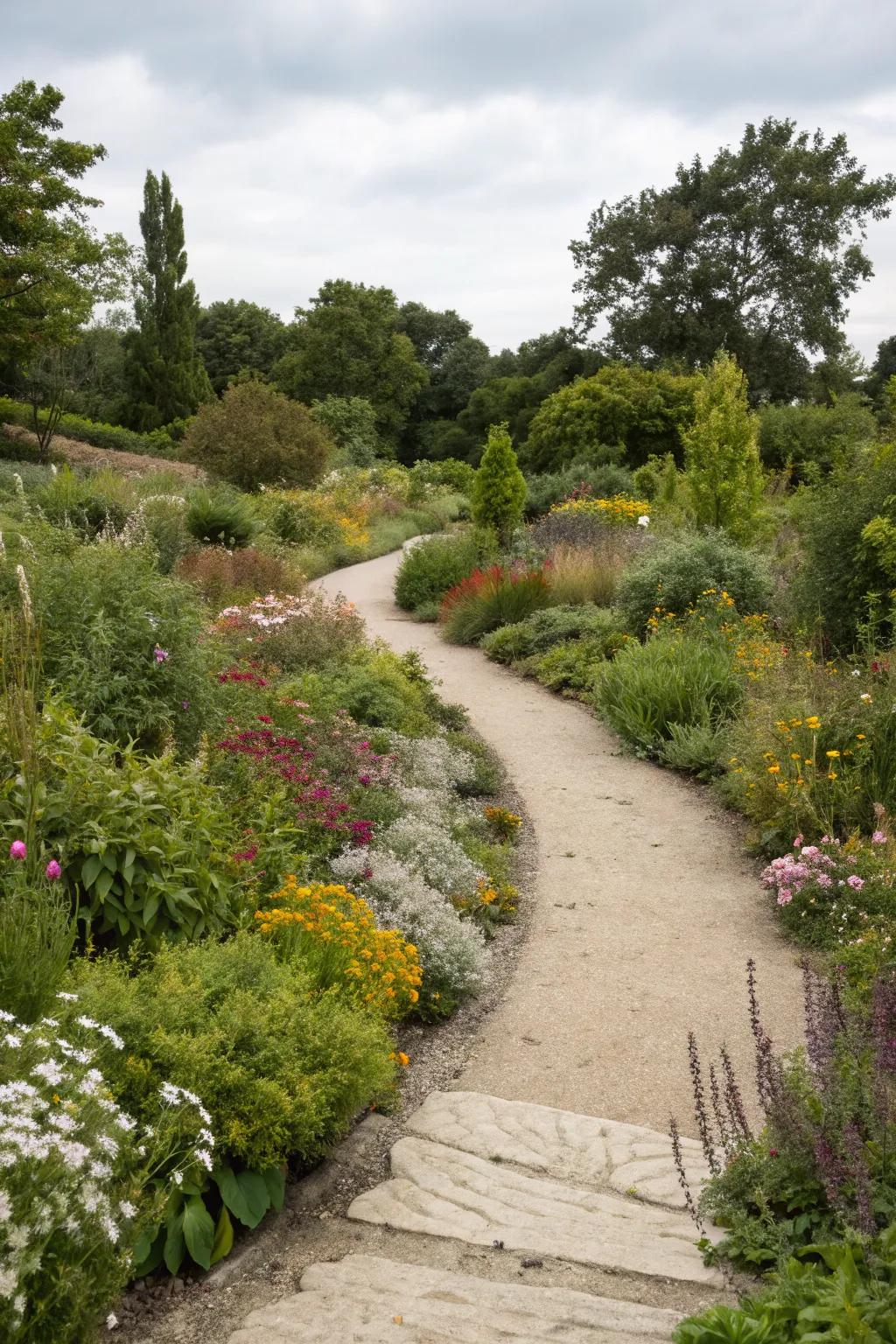 An informal walkway with an unbalanced design, adding charm and character.