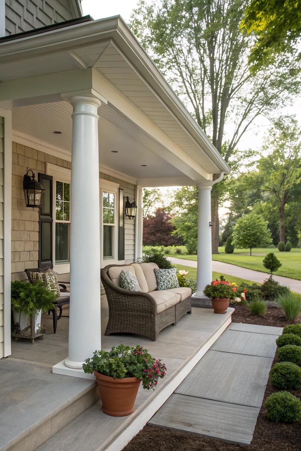 Gabled awnings provide a timeless and structured look.