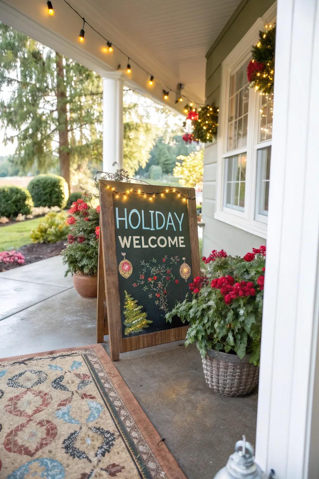 Holiday plaques greet visitors with festive cheer.