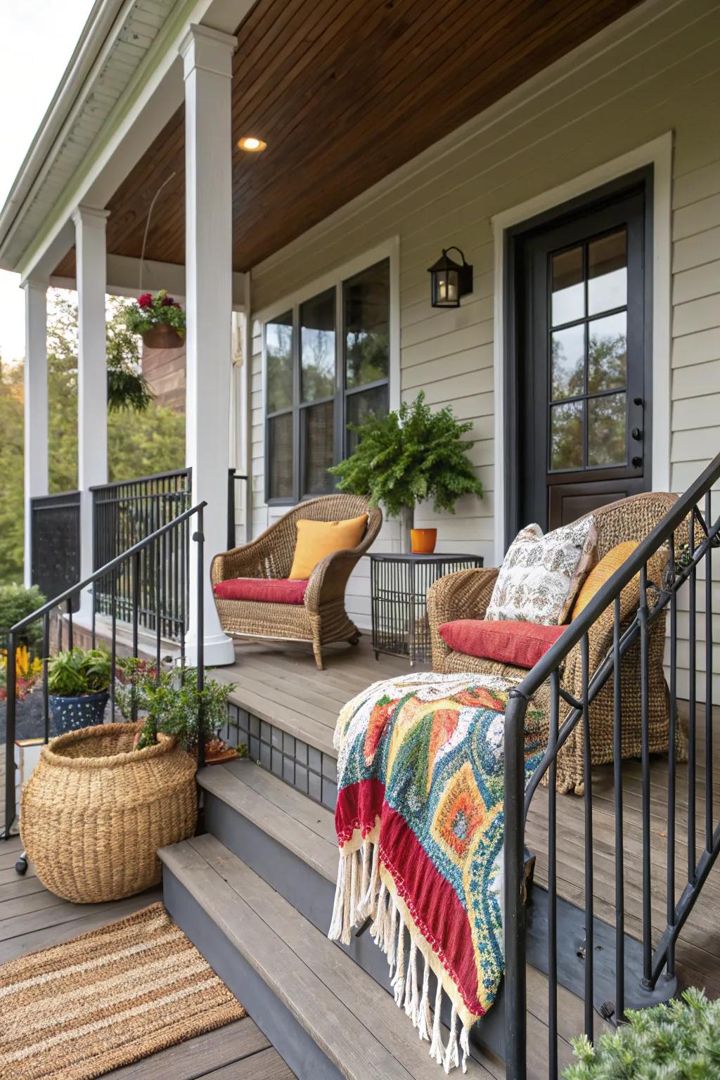 A front porch featuring a mix of materials including wicker, metal, and textiles.
