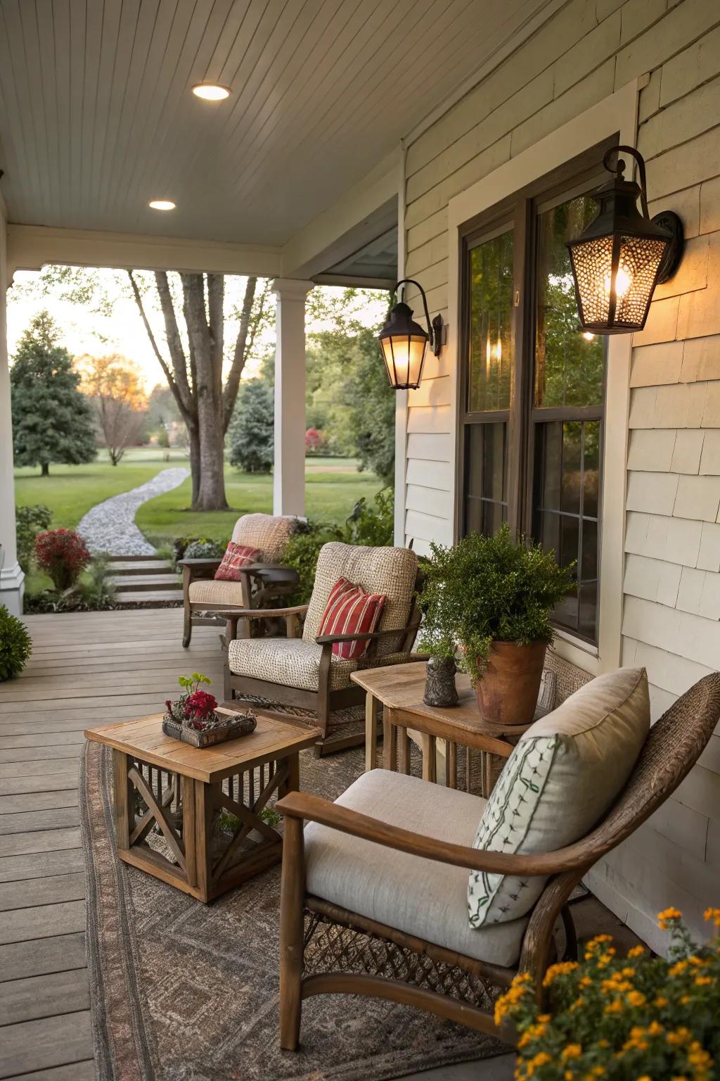 Cozy outdoor furniture that extends the living space onto the porch.
