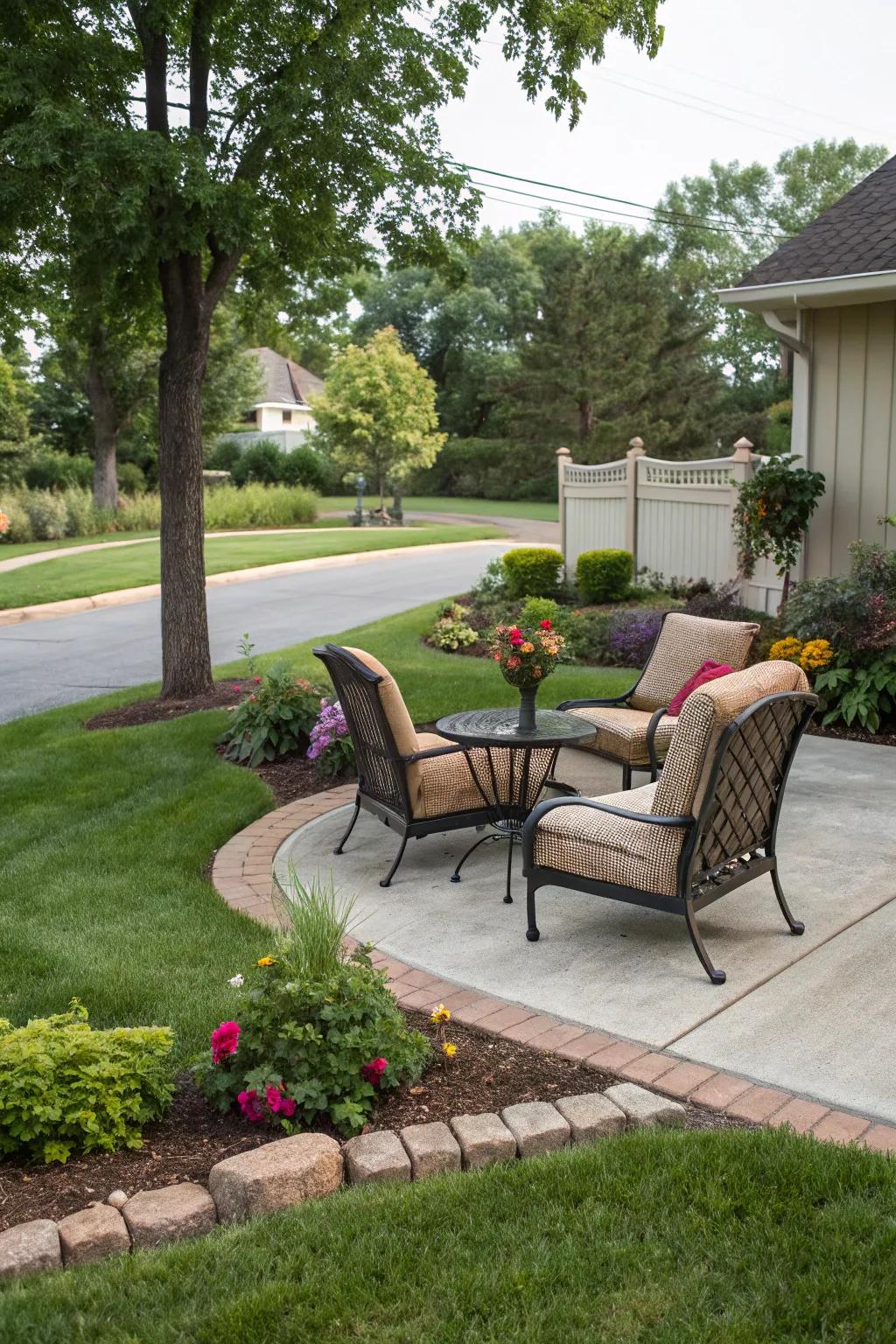 A cozy sitting area on a corner lot that&rsquo;s ideal for relaxing and gathering with friends.