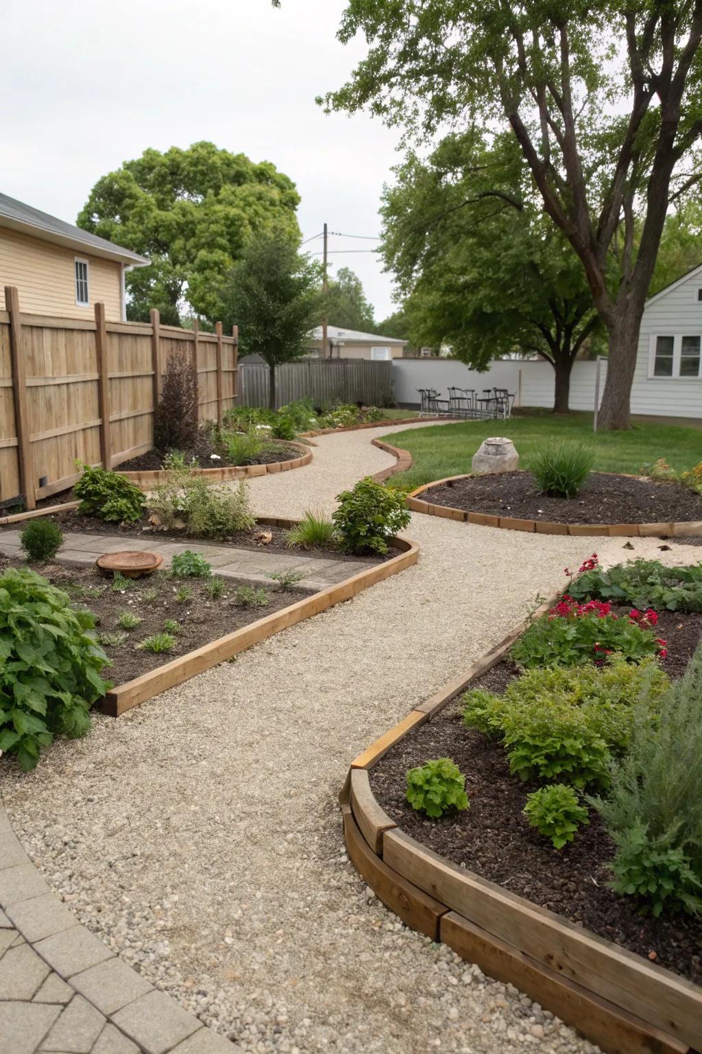 Ground covers outline separate areas in the courtyard.