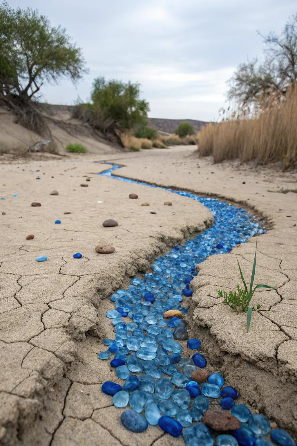 Blue glass stones replicate the semblance of flowing water in your dry streambed.