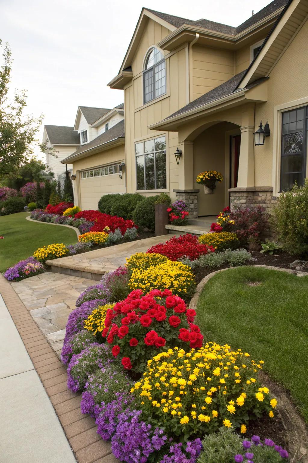 Match your garden colors with your home’s facade for a cohesive design.