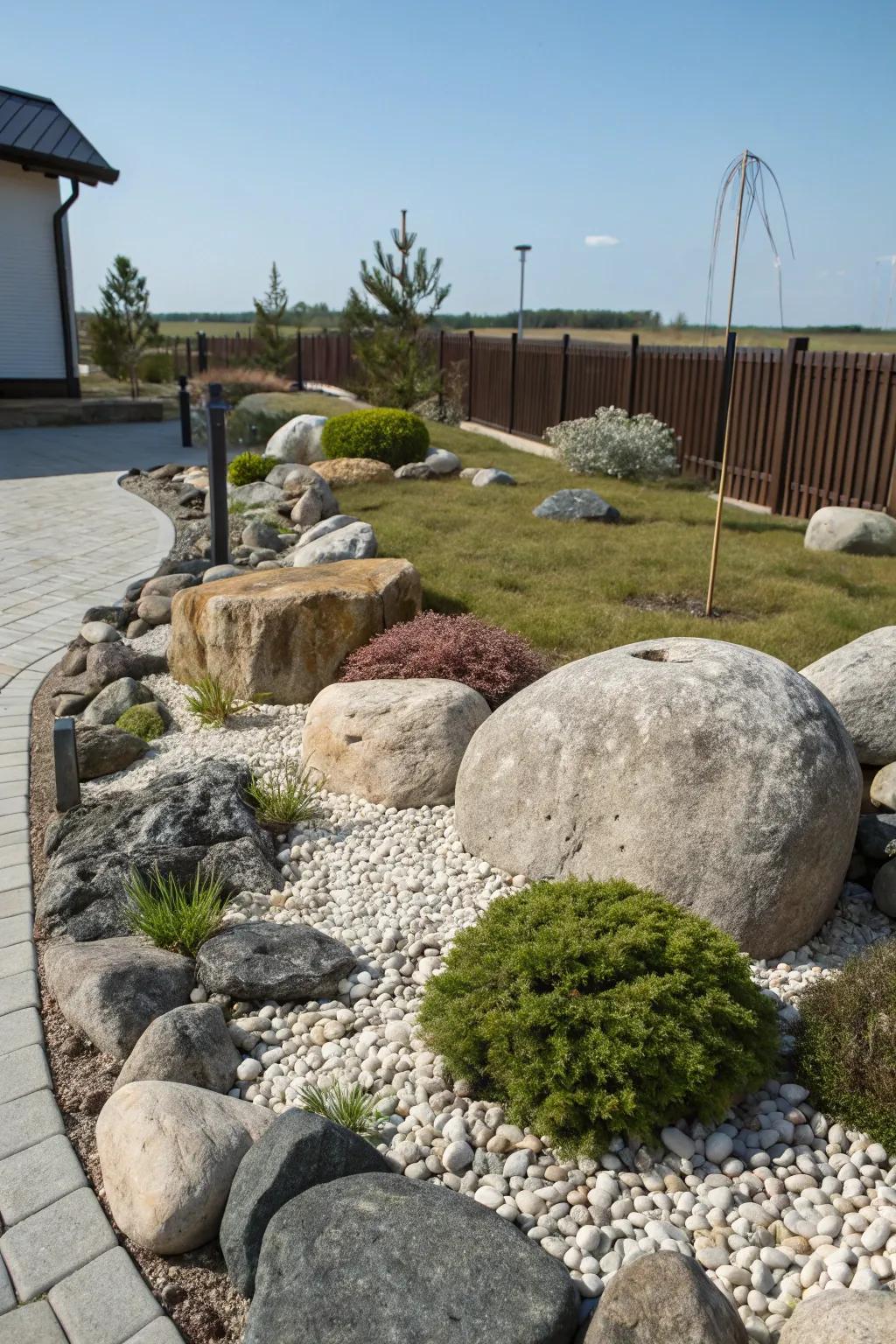 A rock garden displaying a blend of stones, rocks, and crushed stones.