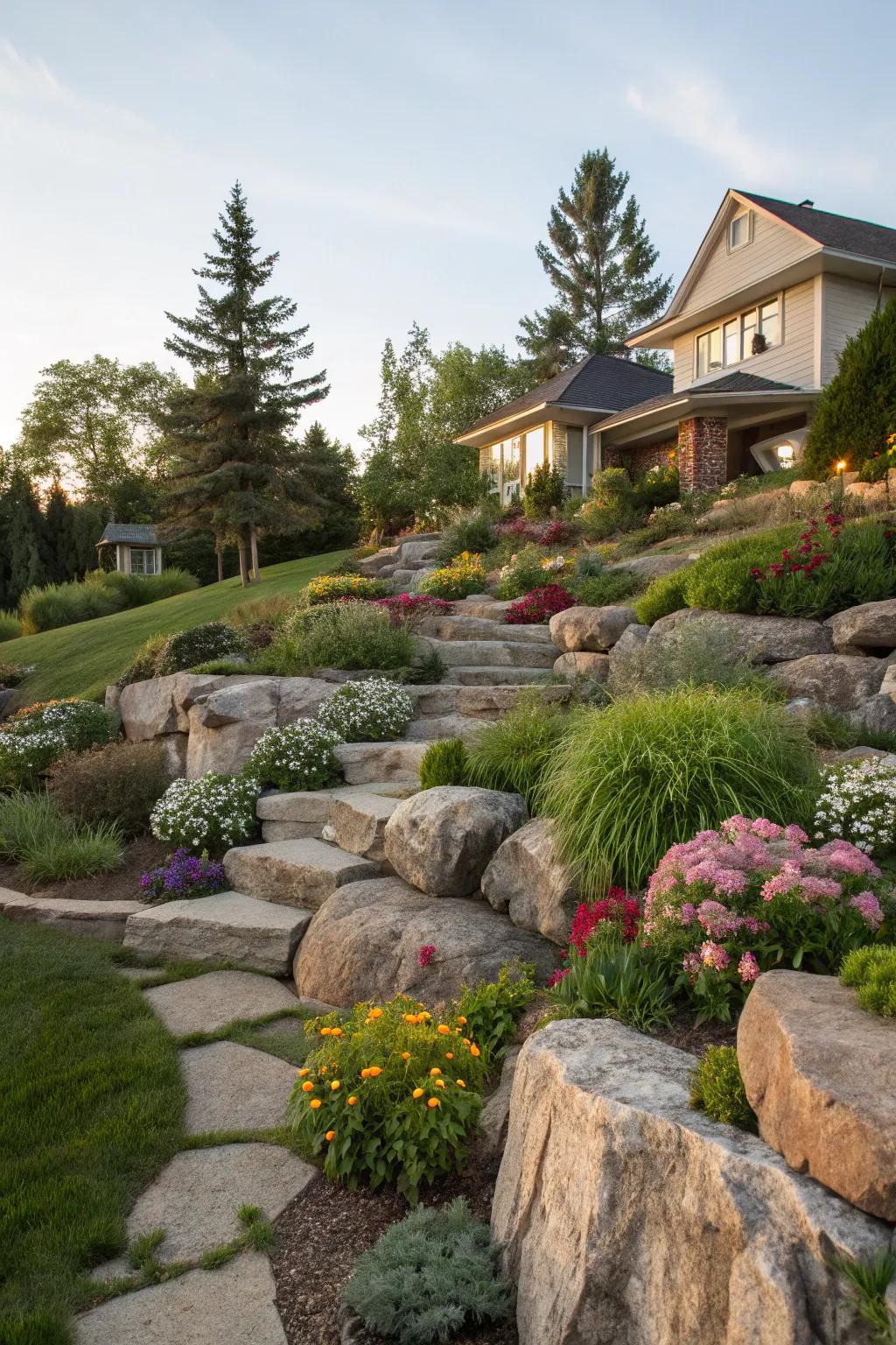 Enrich depth through multilevel garden schemes utilizing sizable stones.