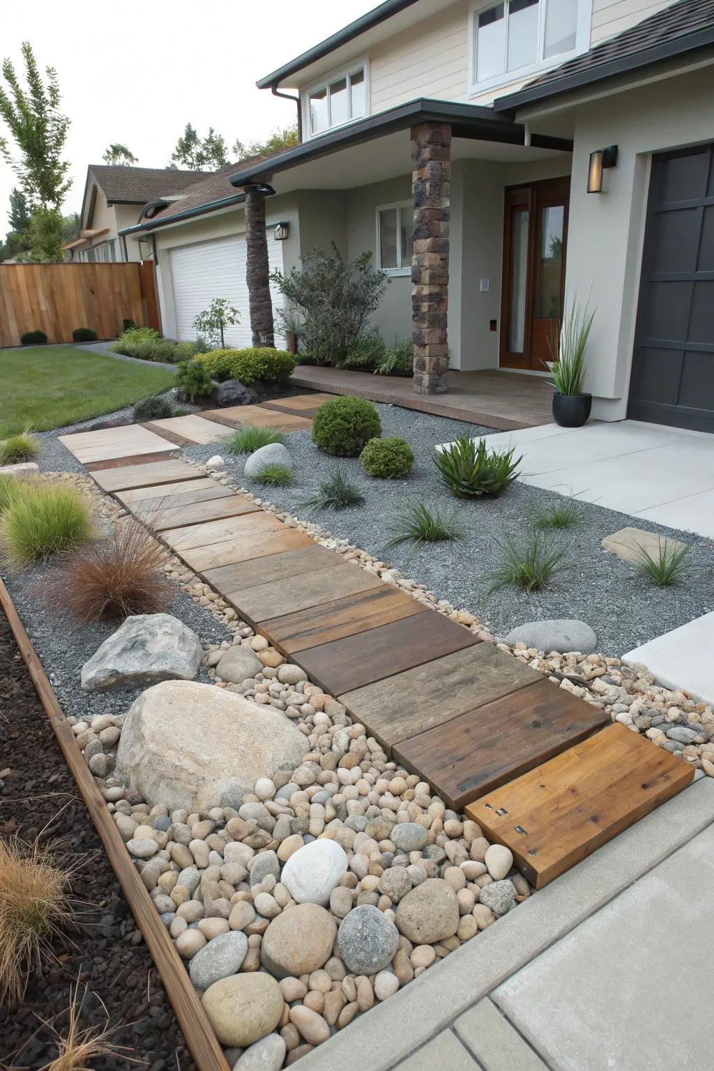 Varied textures using decorative stones, timber, and stone add dimension to modern landscapes.