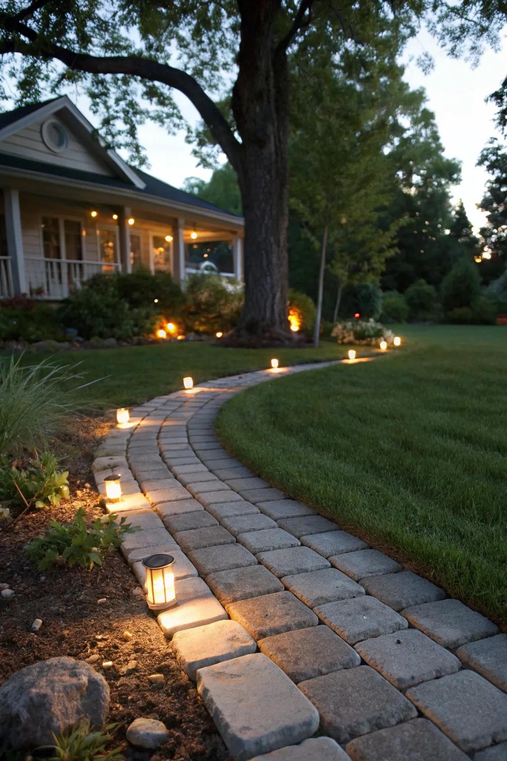 Embedded path lighting casts a warm glow on your yard.