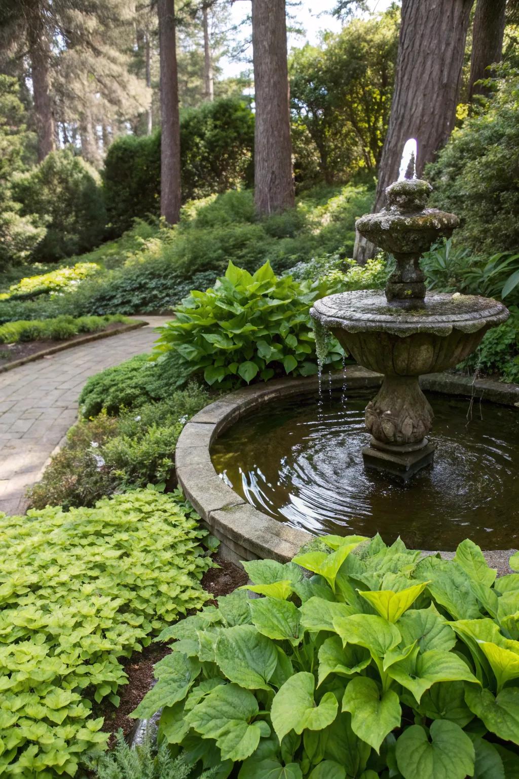 A water feature brings peace and motion to the garden.