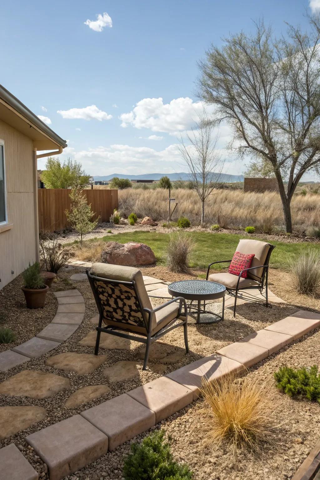An inviting exterior seating space in a carefully designed water-wise garden.