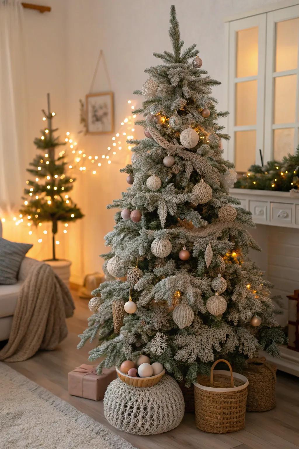 Weave accents add warmth and coziness to this frosted tree.