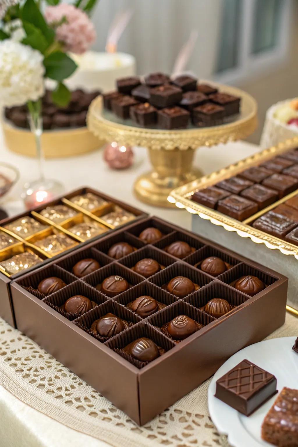 Decadent sweet squares in edible chocolate containers.