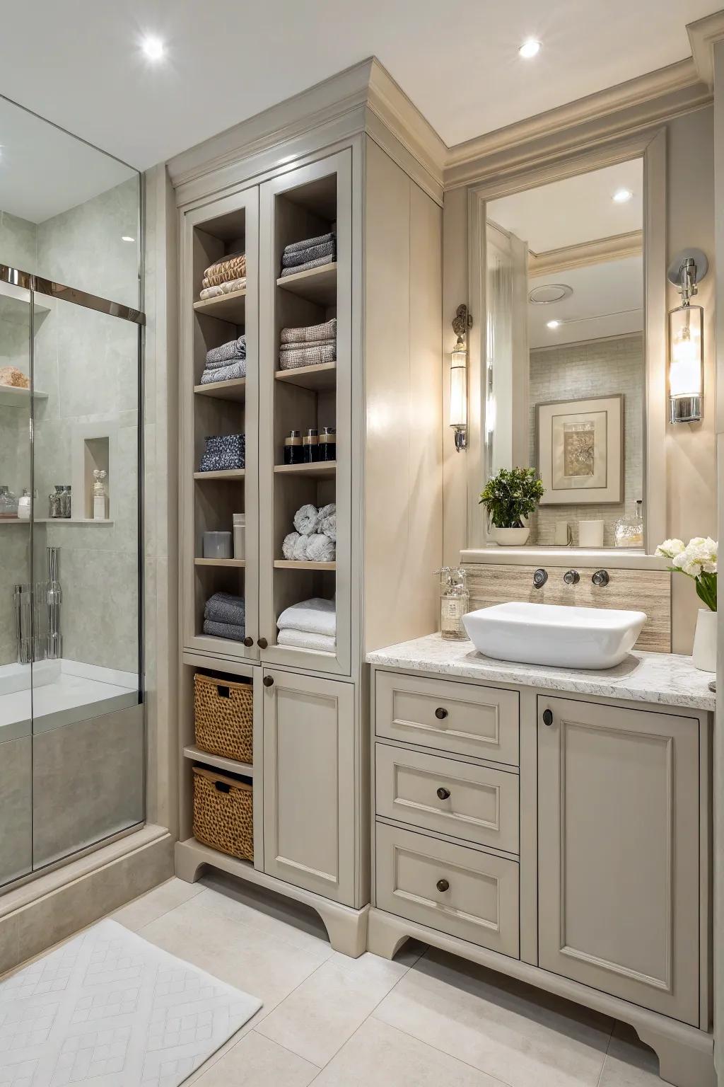 A bathroom using clever storage systems that improve organization.