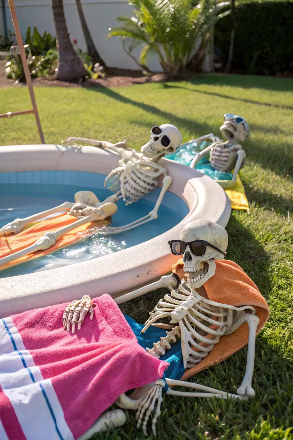Skeletons enjoying a poolside retreat.