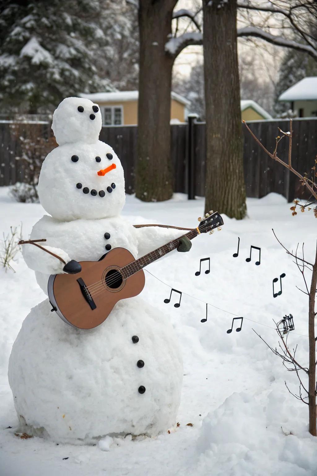 A snow figure rocking out to winter tunes.
