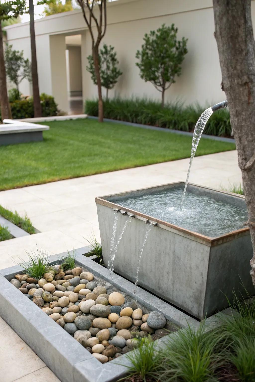 A contemporary nozzle transforms a metal basin into a minimalist fountain.