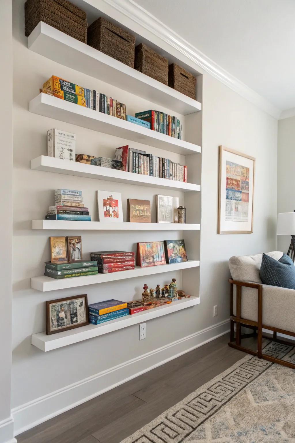 Floating shelves offer a sleek, modern storage solution.