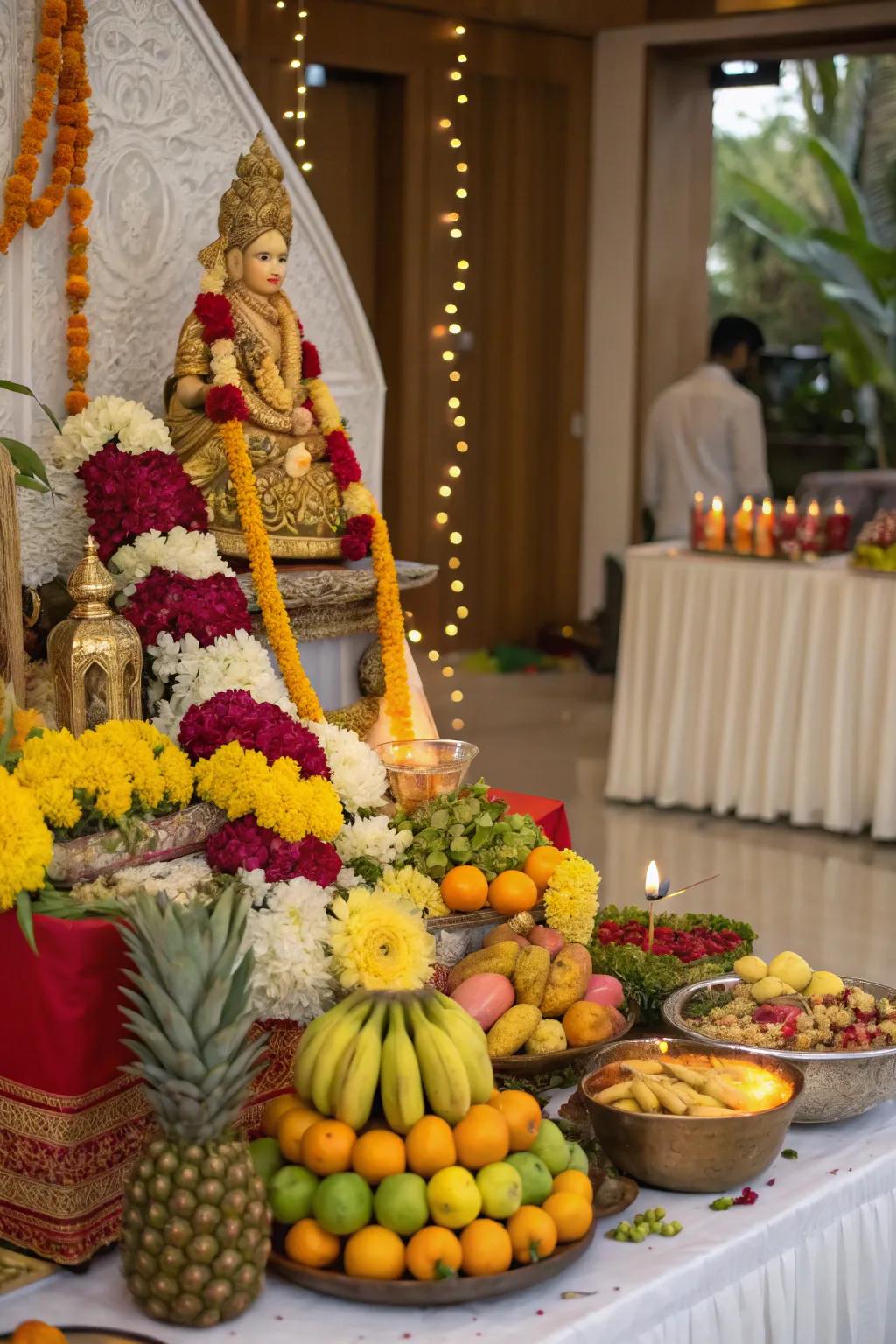 A visual delight with vibrant produce and blossoms adorning the Ganesh Chaturthi altar.