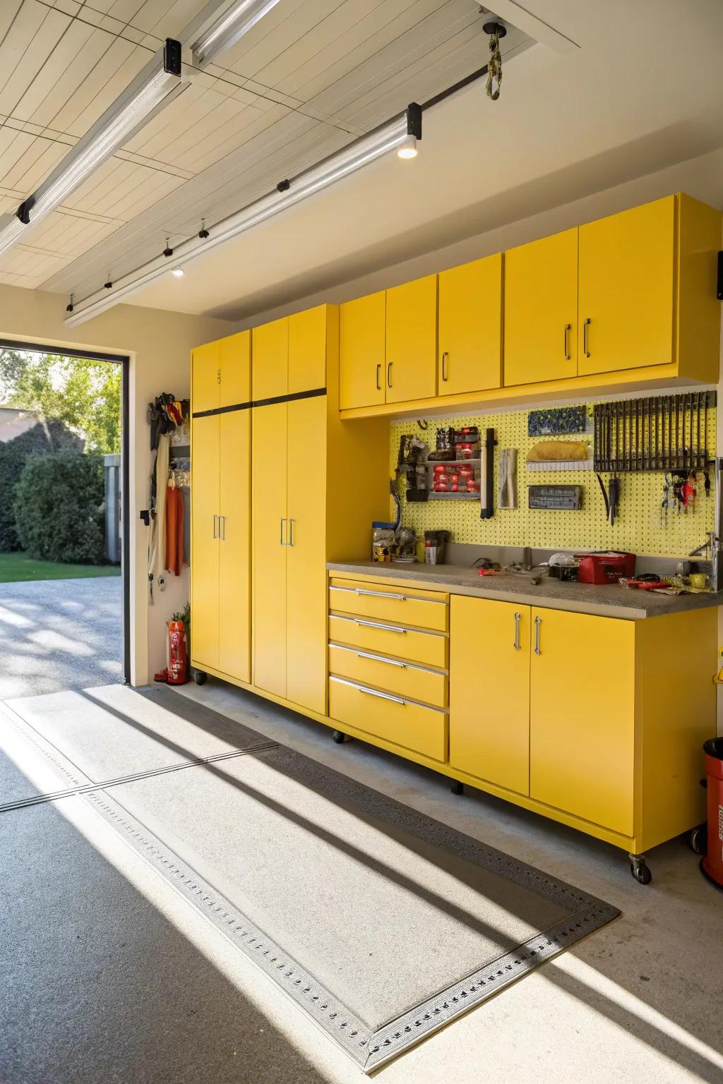 Bright gold cabinets bring joy and light to this garage.