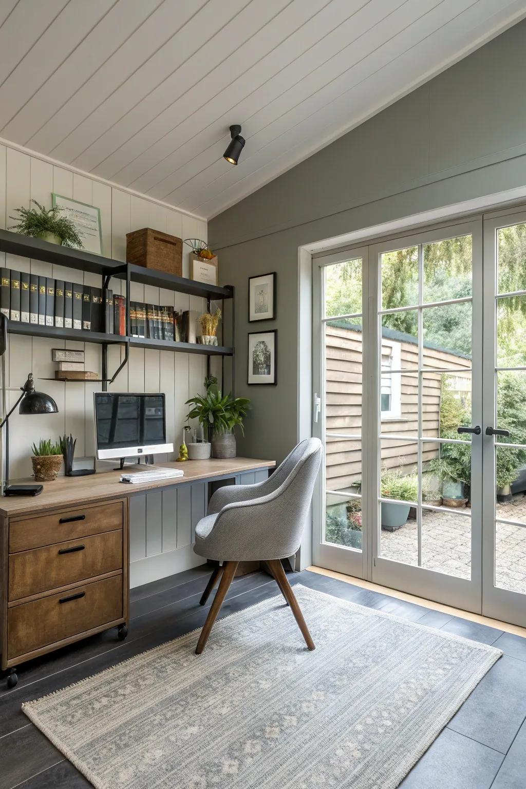 A peaceful home office ingeniously set up in a garage area.