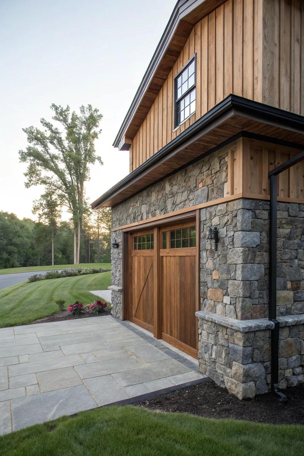 A garage showcasing a sophisticated blend of stone and wood materials.