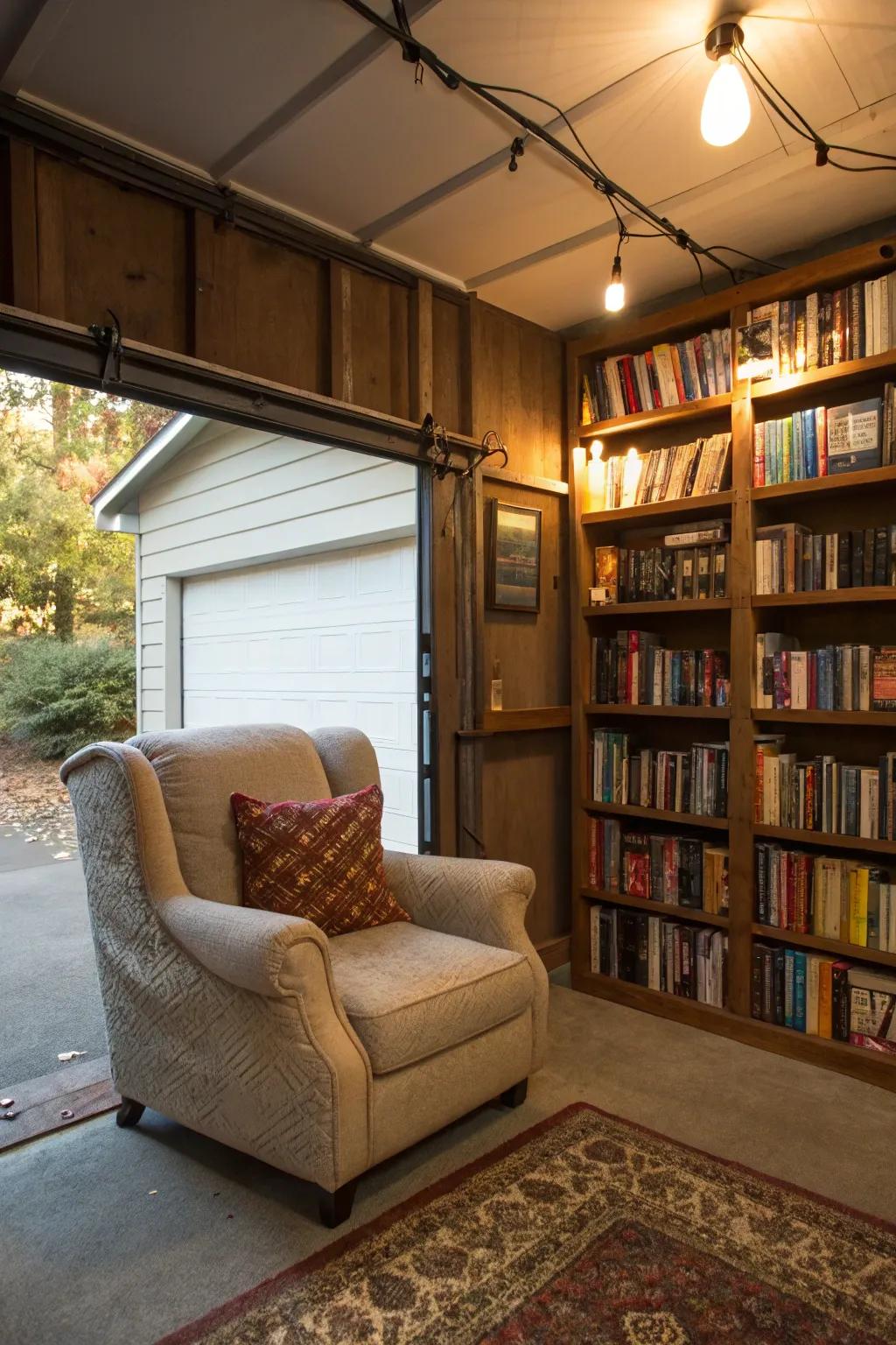 Find peace in a cozy reading nook in your garage.