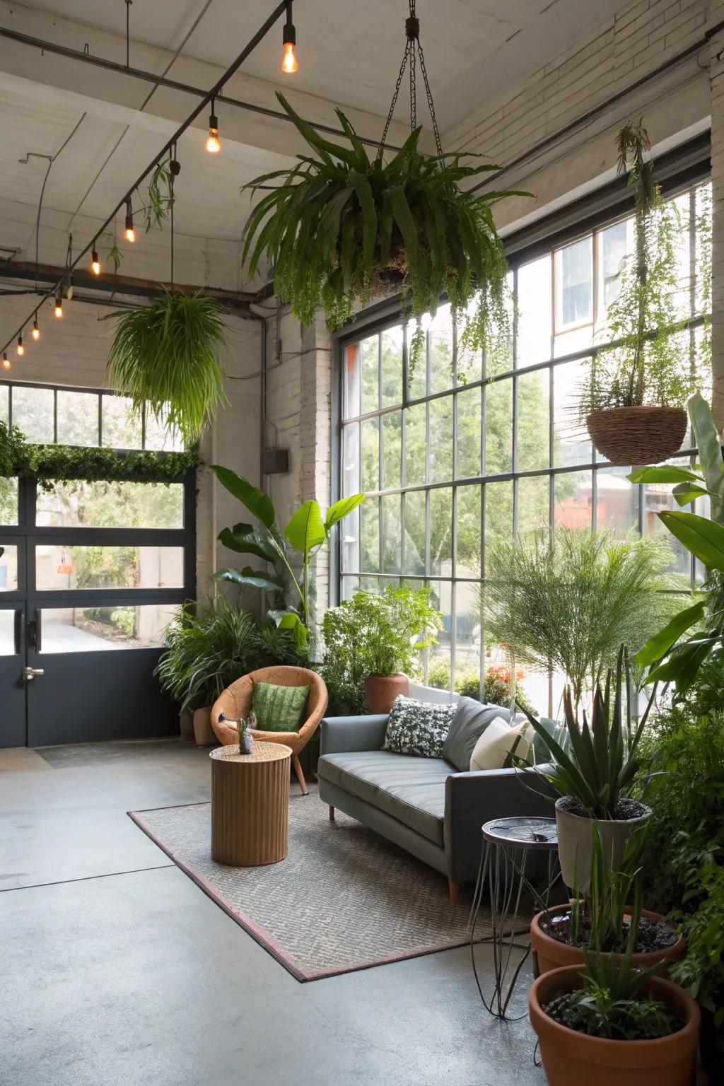Plants bring a refreshing element to the garage environment.