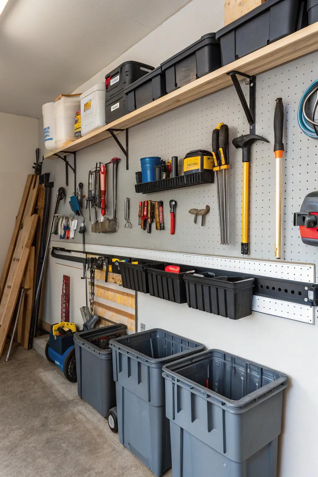 Track rail systems provide versatile storage options for garage walls.