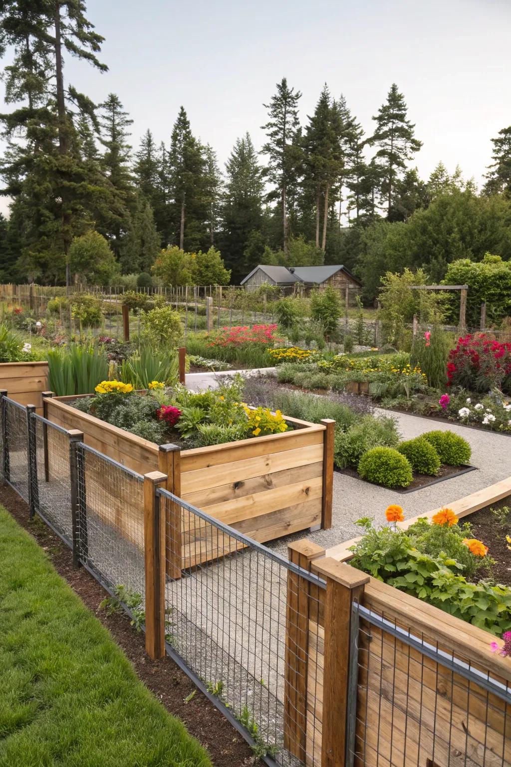 Mixed materials make a visually unique garden perimeter.