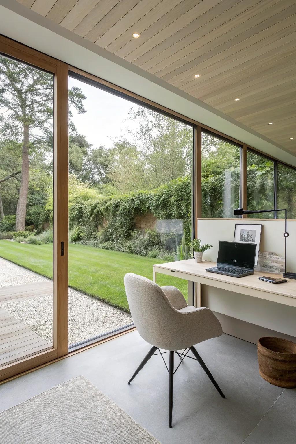 A simple garden office, highlighting simplicity and elegance for ideal productivity.