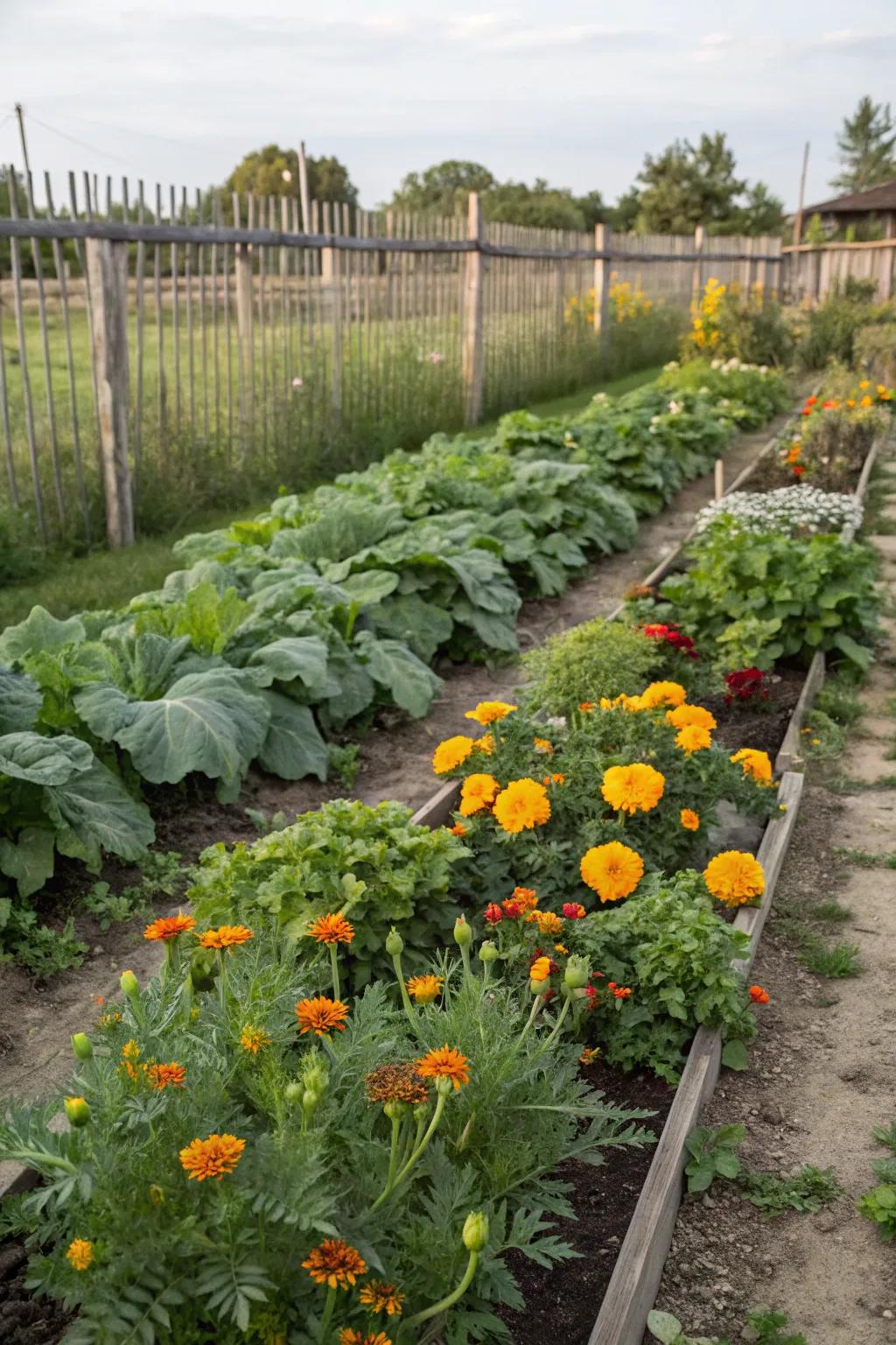 A garden plot featuring vegetables interspersed with marigolds.