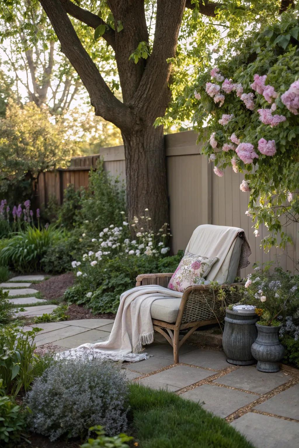A cozy garden nook with a tree as a peaceful backdrop.