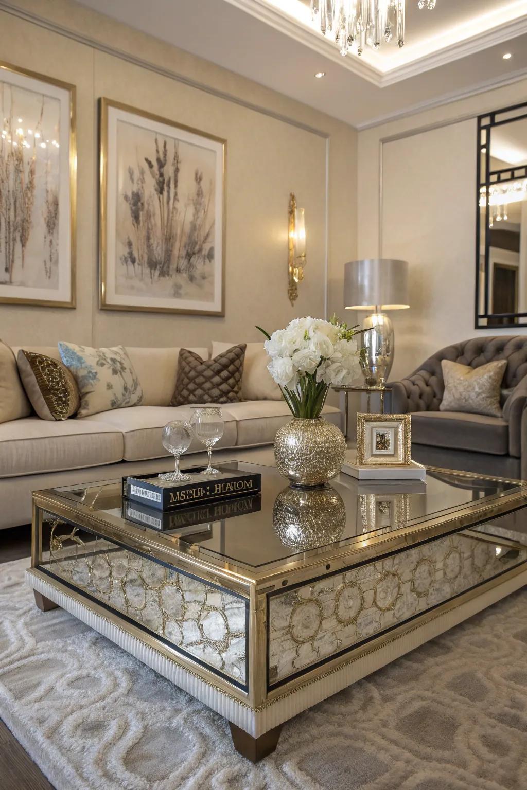 A statement coffee table completes the glam look with elegance.