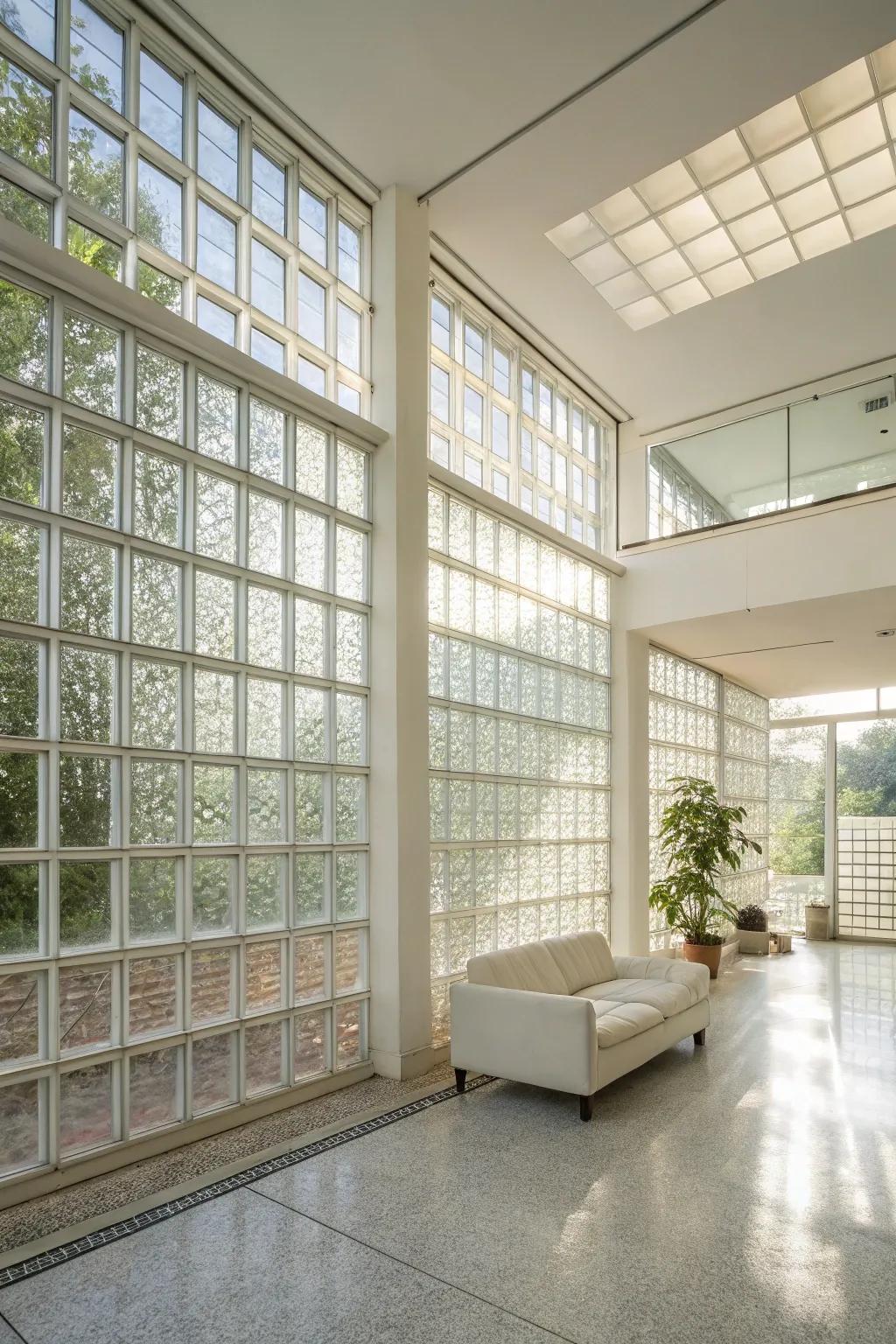 A bright interior space features glass block walls, making the most of the natural light.