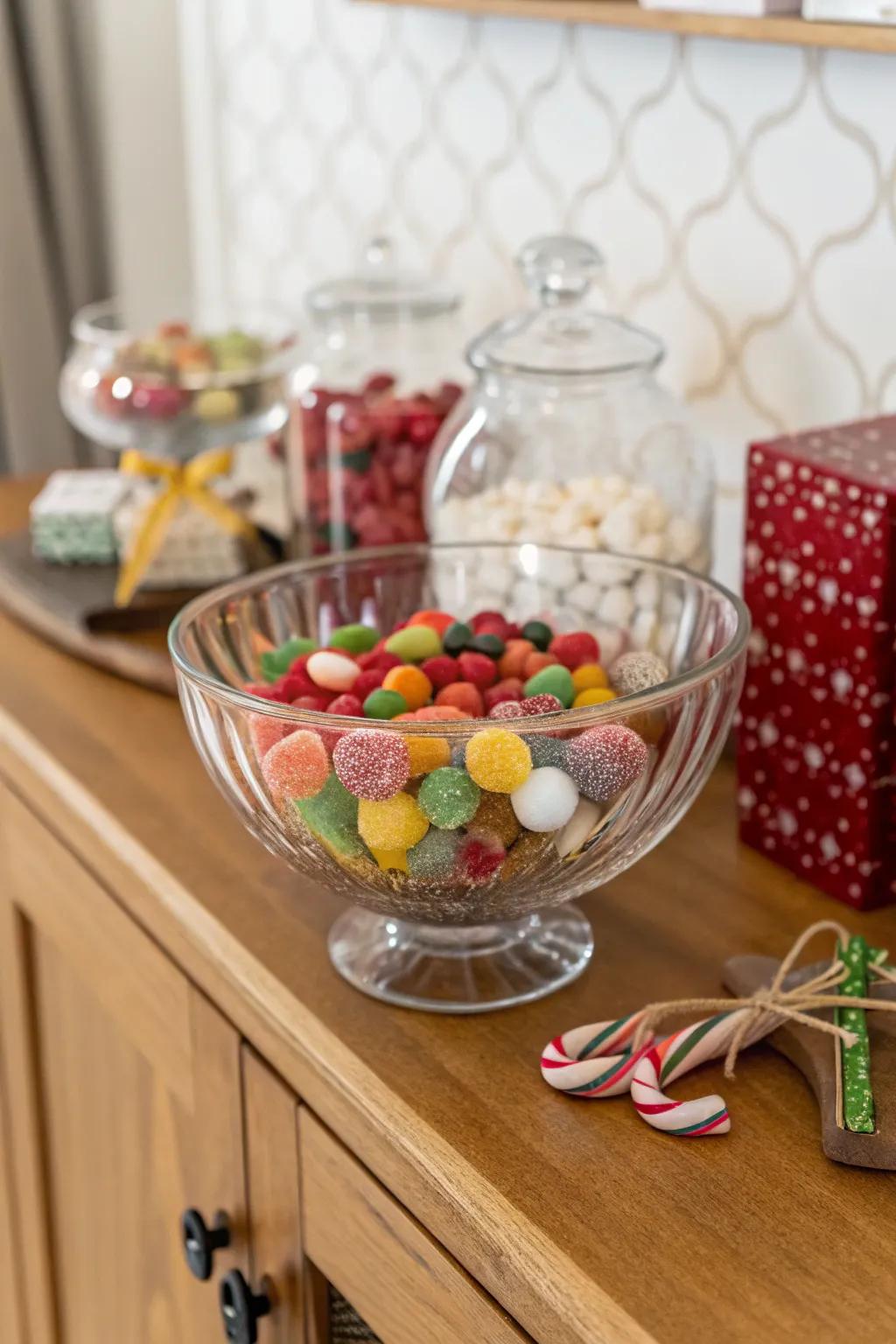 A charming glass bowl brimming with candies and decorative accents, striking the perfect balance of style and sweetness.