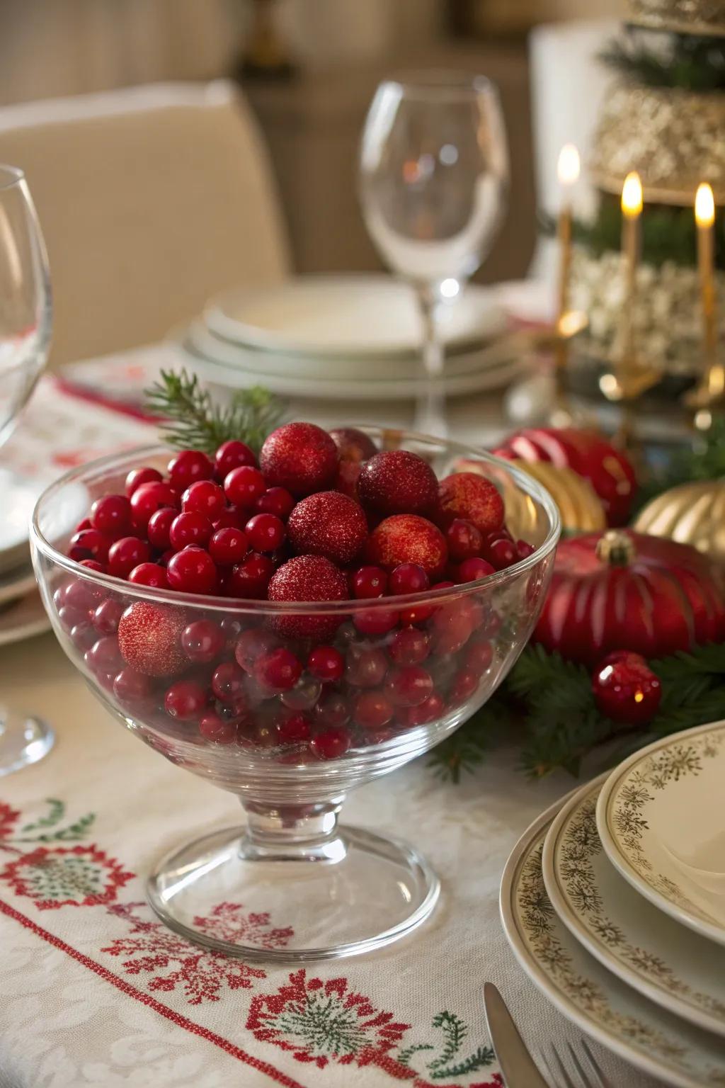 The quintessence of synergy amongst berries and baubles exhibited within a crystal vessel.