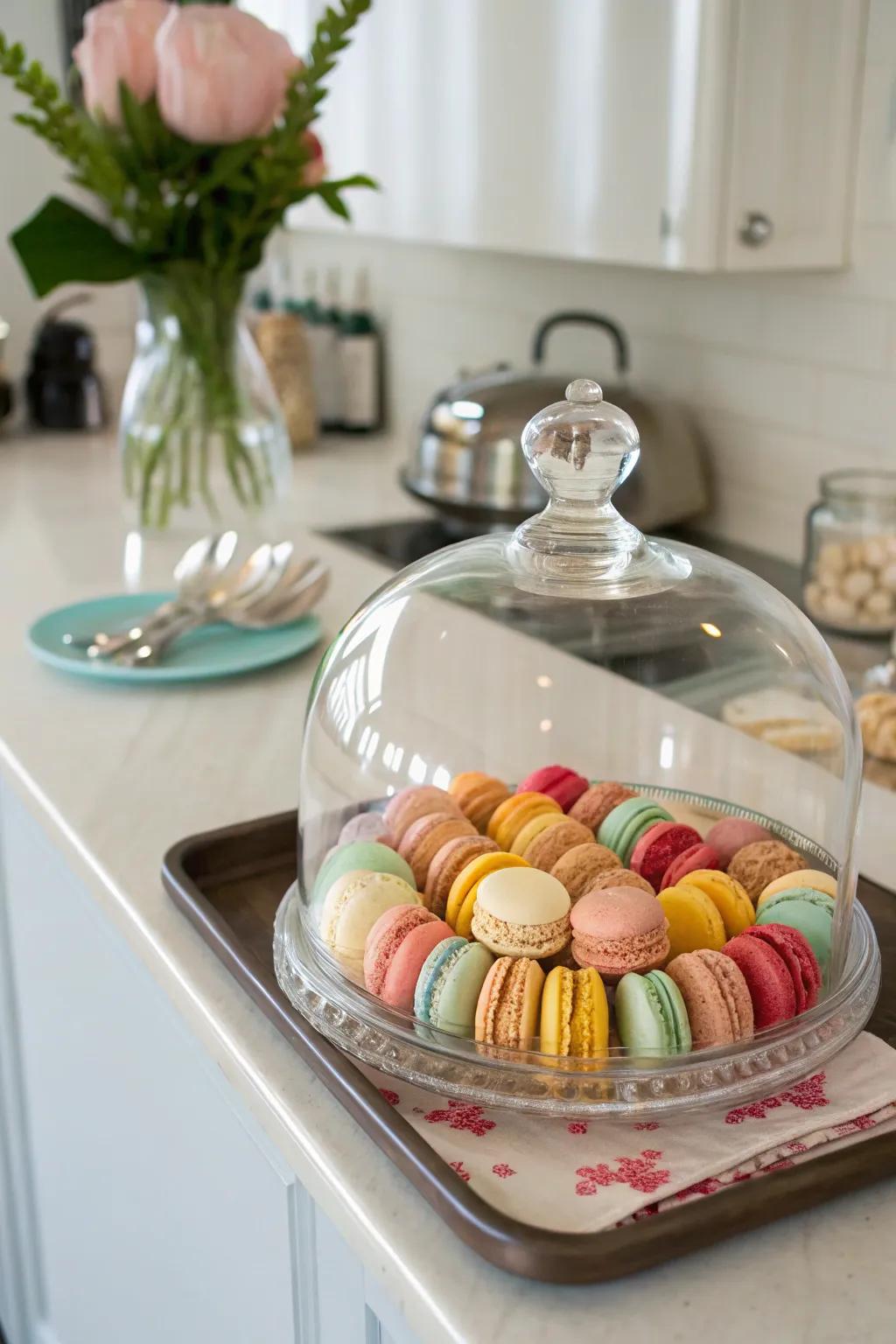 A selection of macarons displayed elegantly under a glass cloche.
