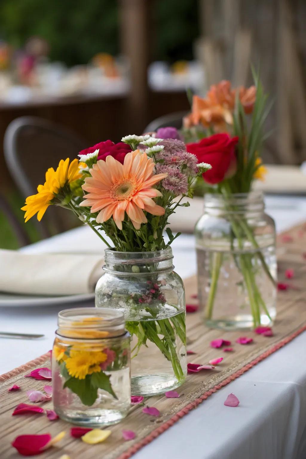 Floating flowers in containers make captivating table centerpieces.