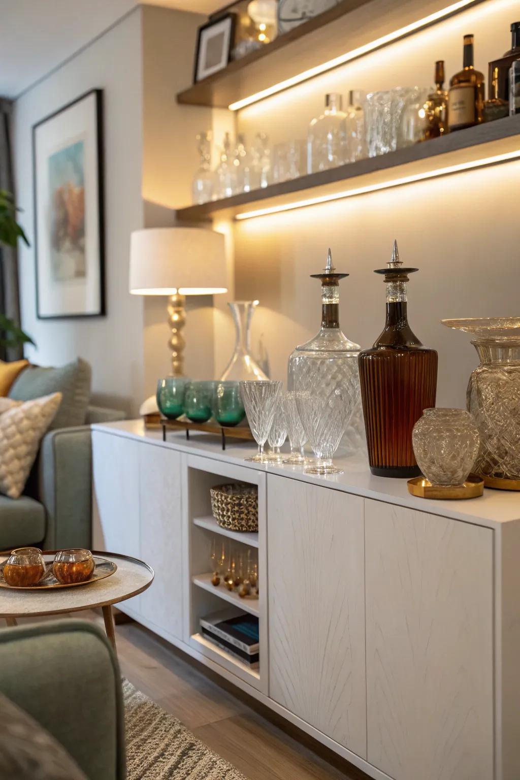 An eclectic mix of vintage and modern glassware on display.
