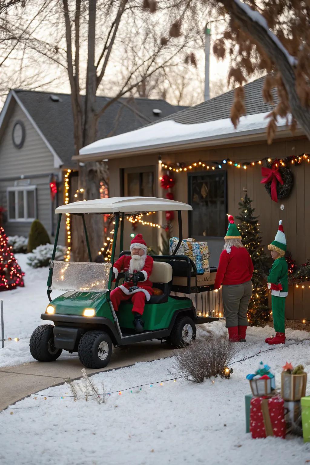 Elves working hard on this playful golf cart.