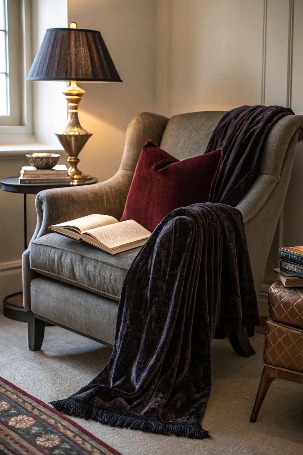 A cozy corner where gothic meets comfort.