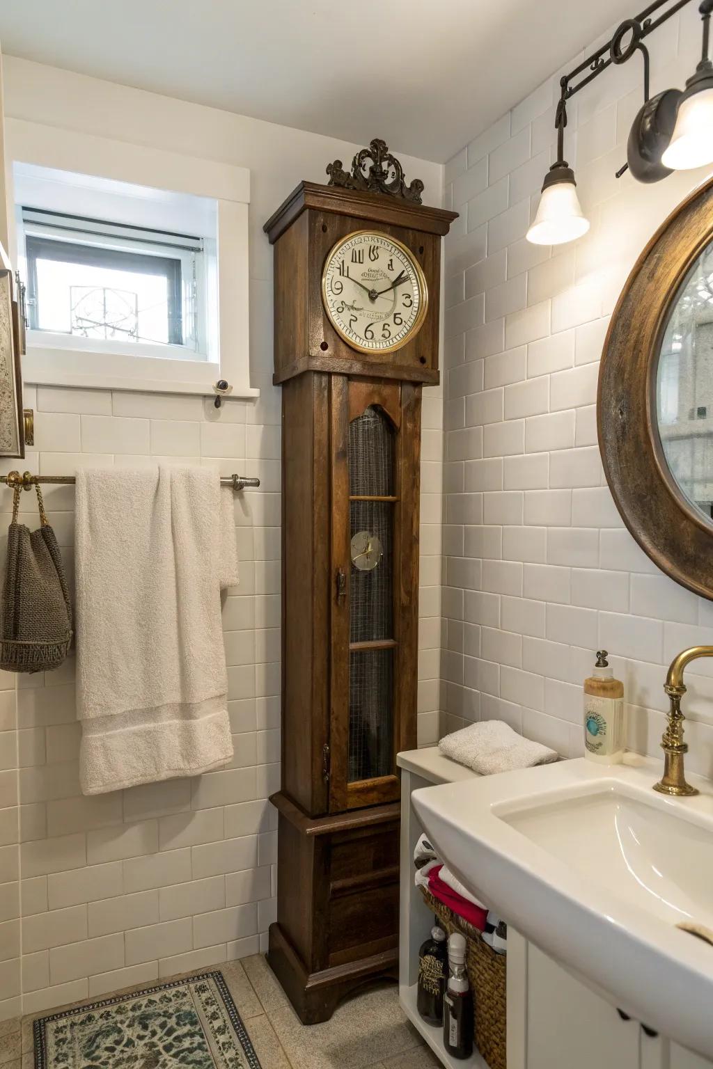 A pendulum timepiece in the restroom surprises as a towel holder.