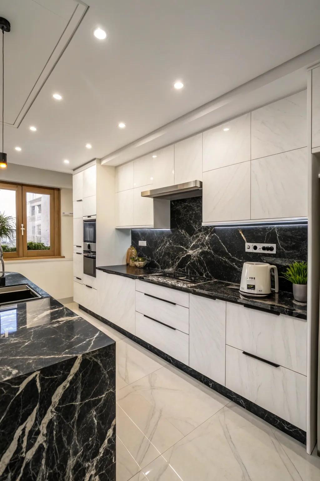 Tuxedo granite creates a striking comparison in your kitchen.