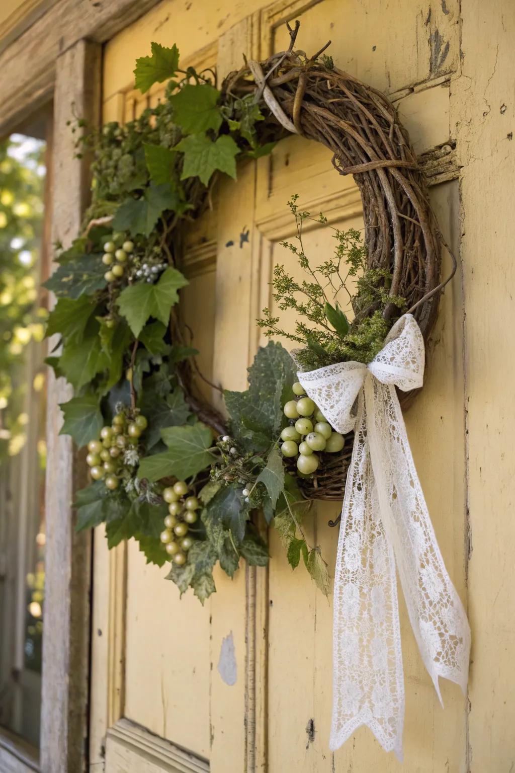 A vintage-inspired grapevine wreath with doilies and trinkets.