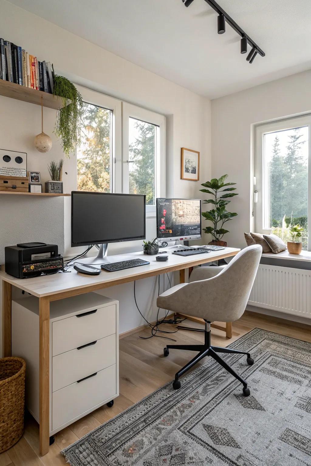 A tech-optimized setup with organized cables increases efficiency.