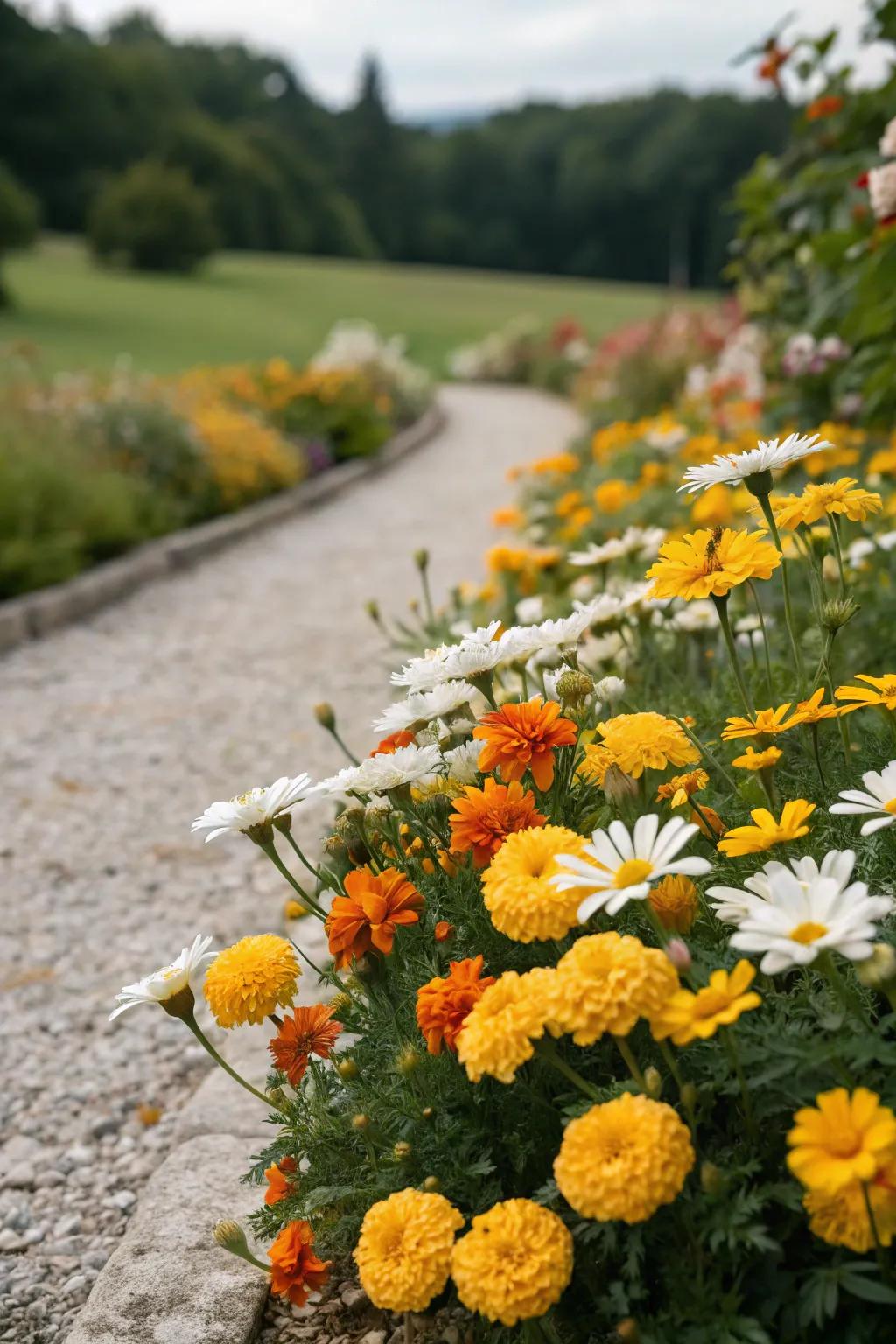A colorful assortment of flowers in a stone flower bed