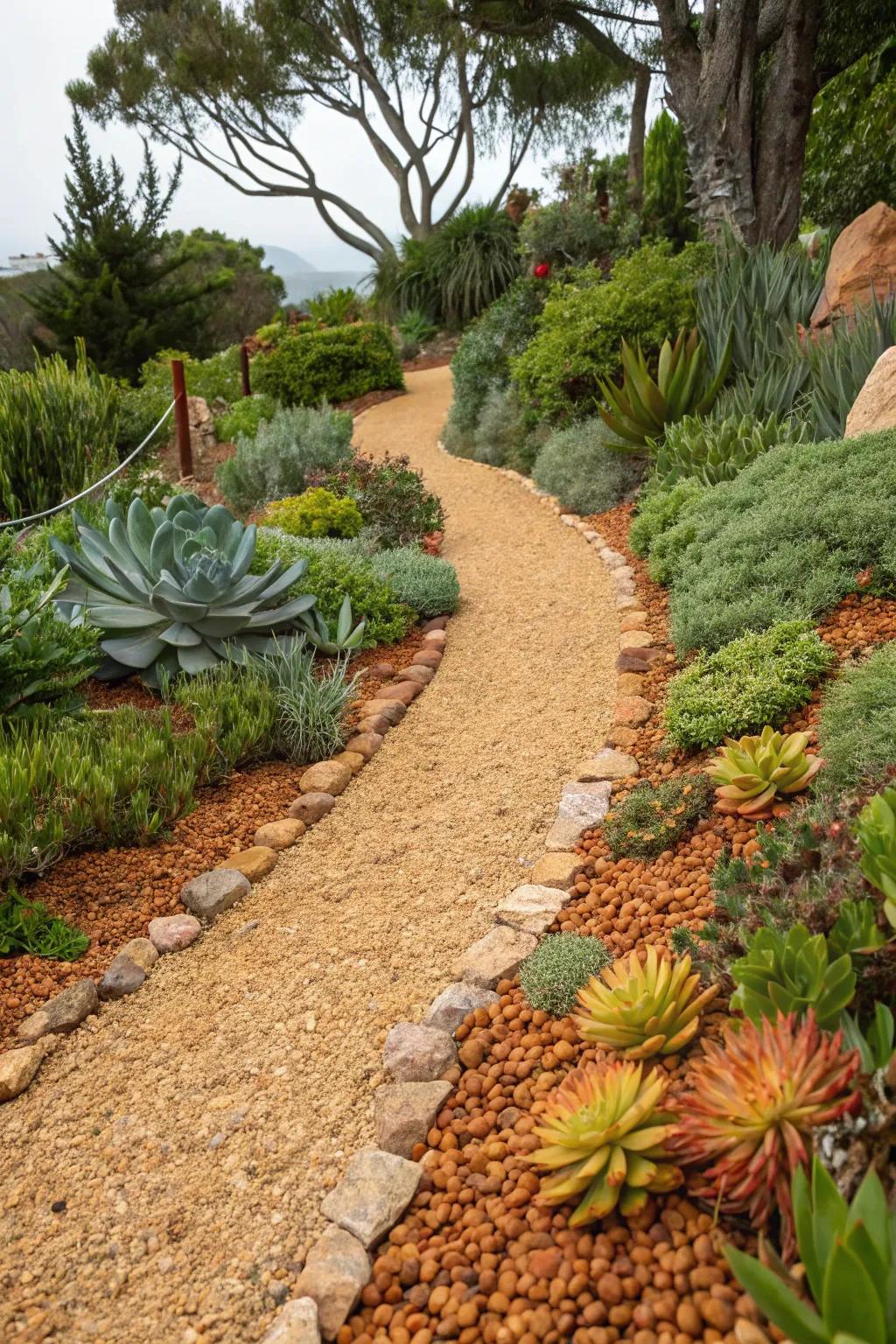A stone chip trail with warm-colored stone chips matching a succulent garden